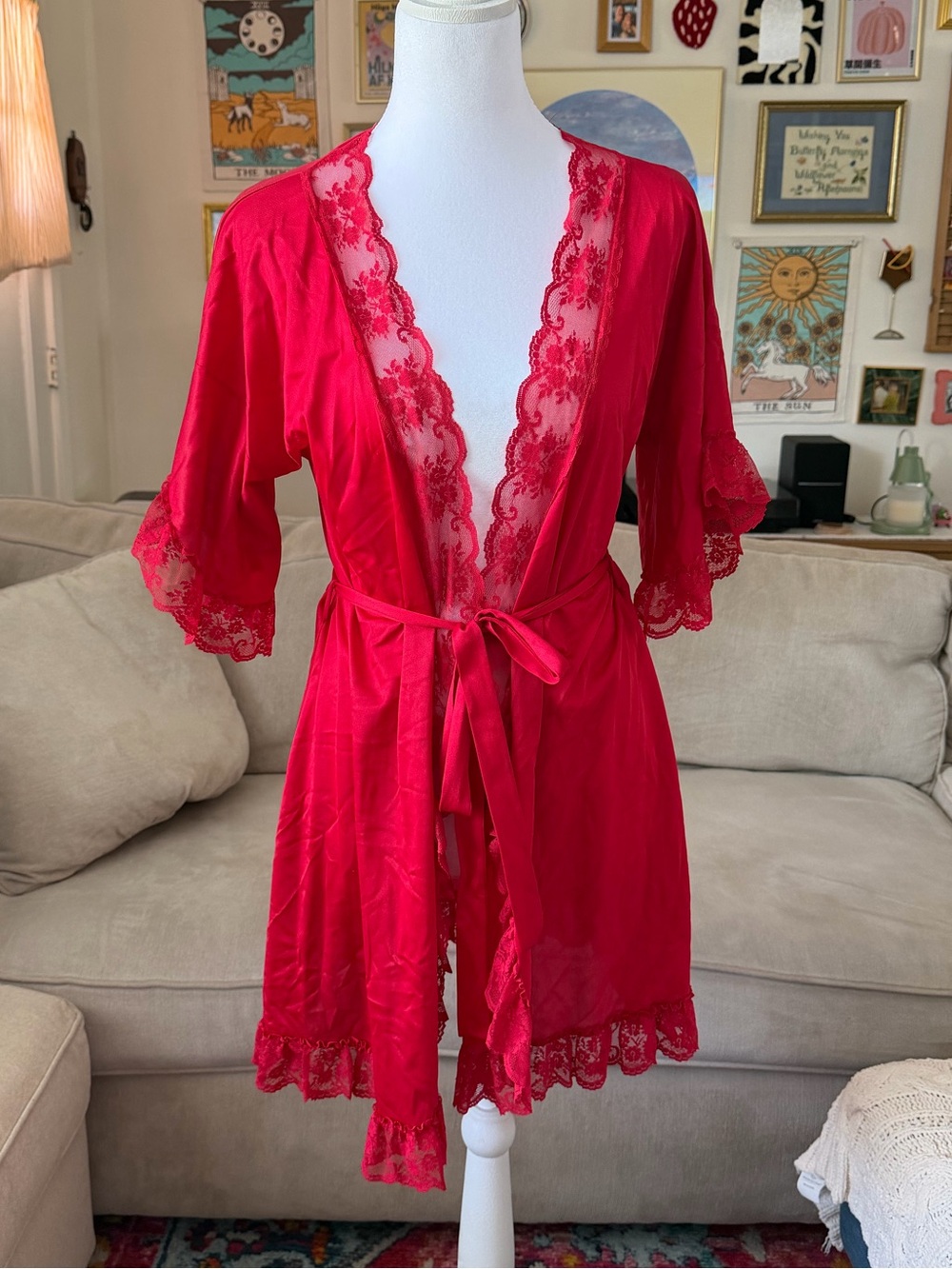 Vintage 1976 Flair Red Robe Mini Length Robe with Ruffle Lace Hem Size Small